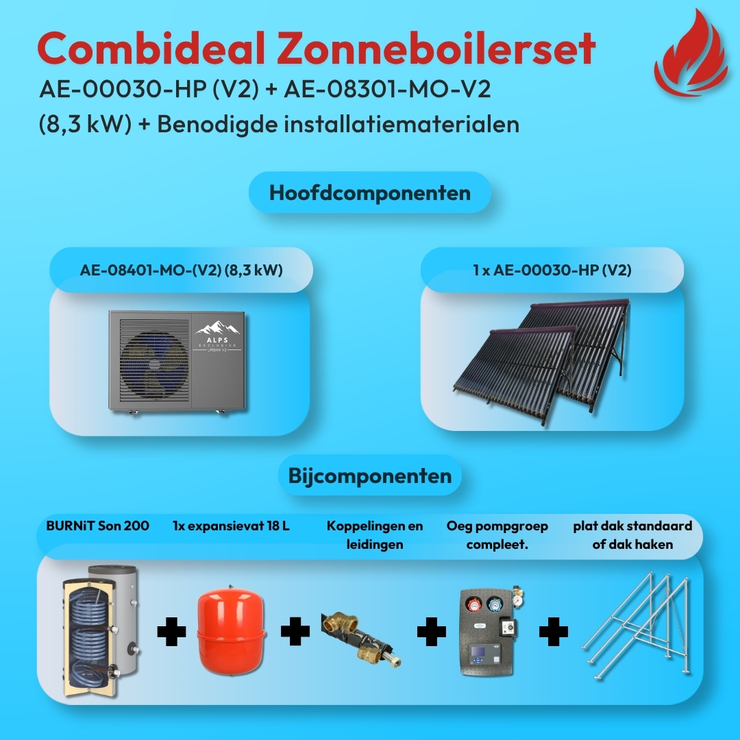 Complete zonneboilerset 200L 1× 30HP + ALPS EXCLUSIVE AE-08301-MO-V2 (8,3 kW)