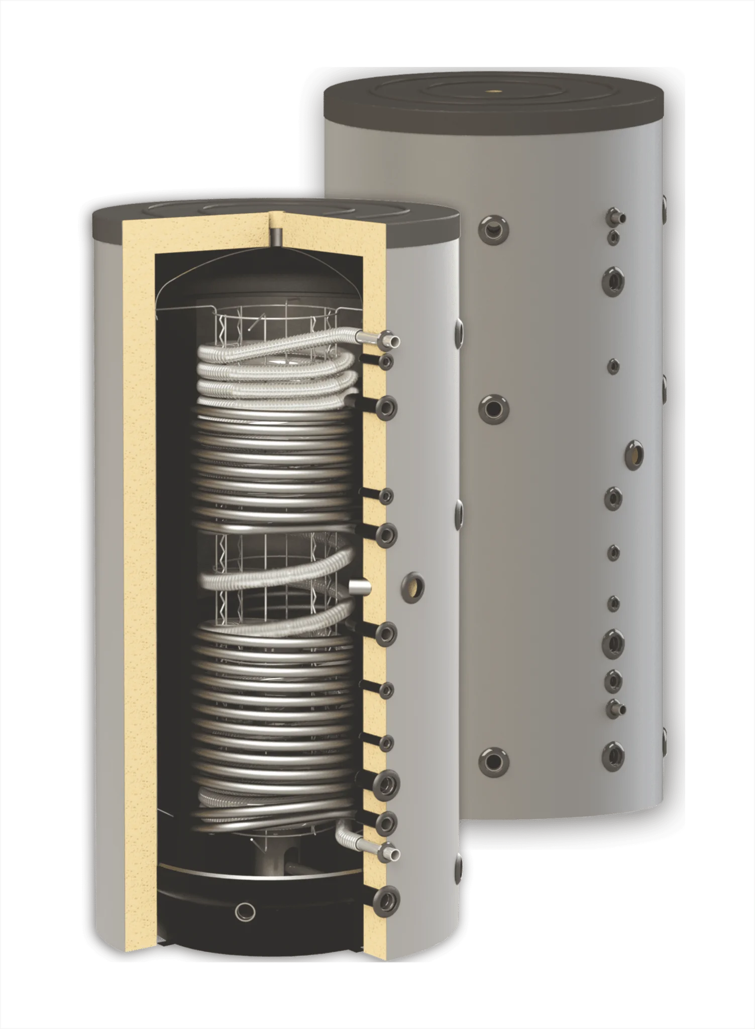 Complete zonneboilerset 3x 30HP + Buffervat met tapwaterspiraal en 2 warmtewisselaars (1000L)
